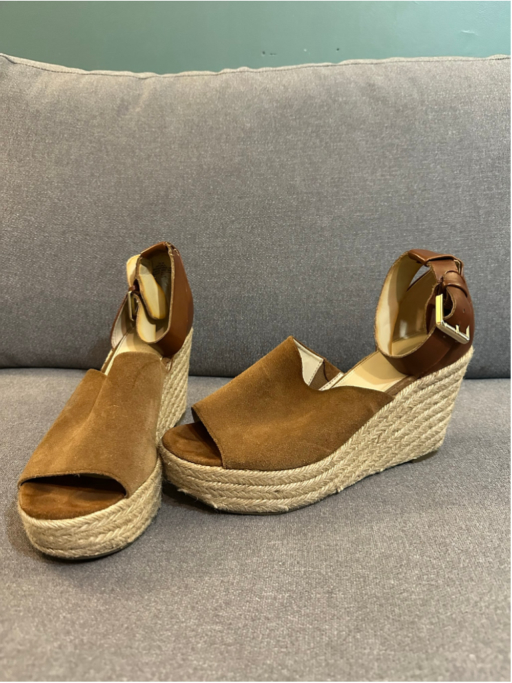 Marc Fisher Brown Leather Suede Espadrille Wedges Size 10 Jute Heal